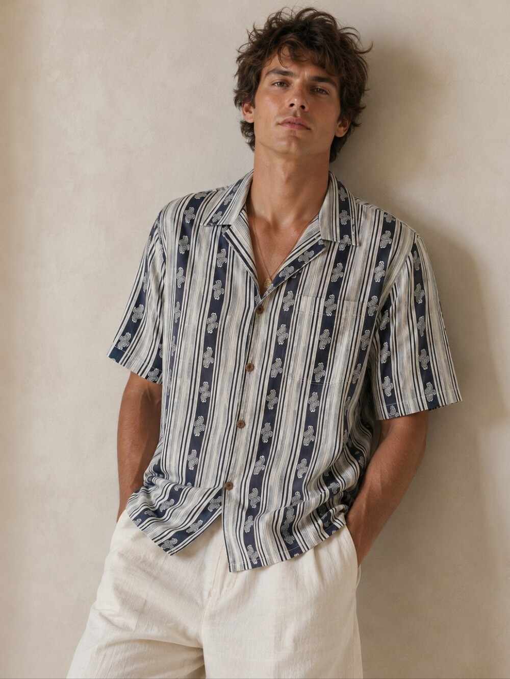 Vintage Silk Navy Cream stripe Men Shirt short slevees Laid back Resortwear Luxe